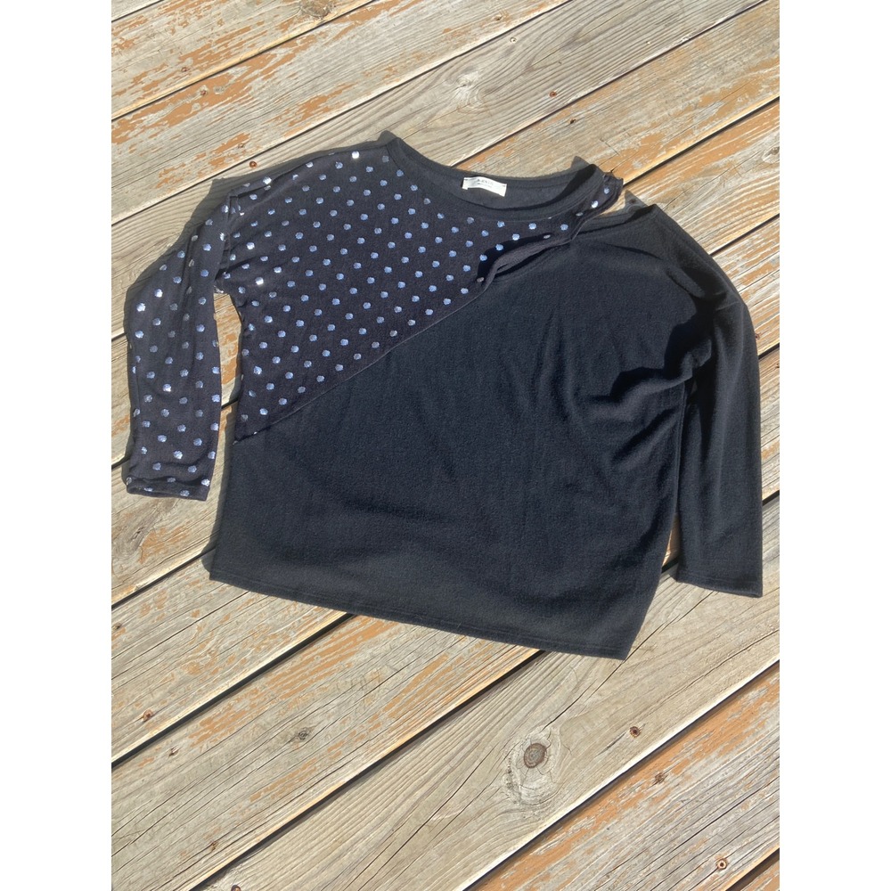 A.gain Womens Black Silver Polka Dot Cold Shoulder Top Size S Made in USA 10696L